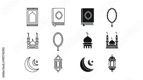 Islamic symbols collection, black and white illustrations