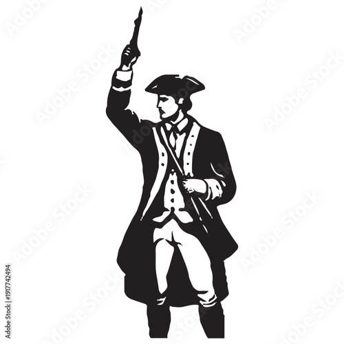 Colonial Minuteman Soldier Holding Pistol Up - Revolutionary War Patriot Vintage Silhouette Illustration