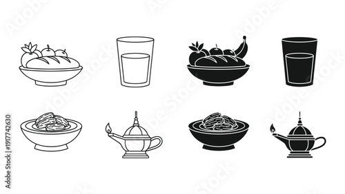 Set of black and white kitchen utensils and cooking pots
