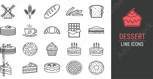 Dessert and Bakery Line Icon Set with Cake Donut Cupcake Bread Croissant Coffee and Sweet Food Outline Vector Symbols Collection