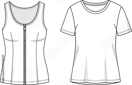 Women sleeveless zipper tank top and short sleeve t shirt vector illustration, front view fashion technical drawing template