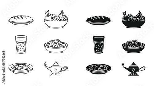 Set of 12 black and white line drawings of Middle Eastern and Asian dishes and objects