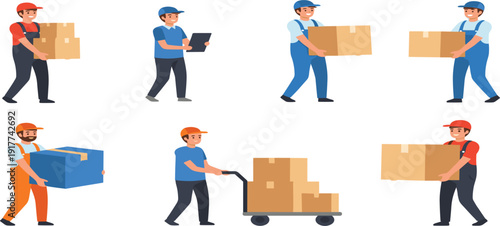 Delivery Workers and Courier Service Vector Set with Movers Carrying Boxes Warehouse Logistics Shipping and Transportation Cartoon Characters Collection