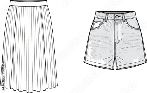 Women pleated midi skirt and denim shorts vector illustration, fashion technical drawing flat sketch clothing template design