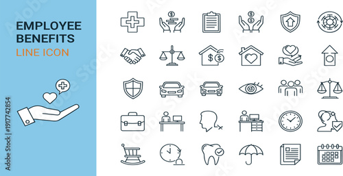 Employee Benefits Line Icon Set with Insurance Healthcare Salary Protection and Corporate Business Support Symbols for HR Management and Company Policy Design