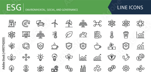 ESG Environmental Social and Governance Line Icon Set with Sustainability Renewable Energy Corporate Responsibility and Ethical Business Outline Vector Symbols