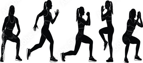Female Fitness Workout Silhouette Set with Running Squats Lunges and Exercise Poses Vector Illustration for Gym Training Sports and Healthy Lifestyle Design
