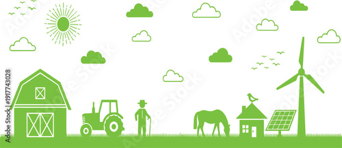 Green Eco Farming Landscape with Wind Turbine Solar Panels Barn Tractor and Livestock Sustainable Agriculture Renewable Energy Vector Illustration