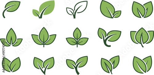 Green Leaf Icon Set with Eco Nature Plant Growth and Organic Environment Symbols for Sustainable Branding Natural Products and Ecology Design
