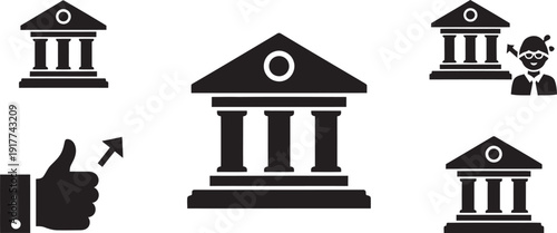 Black and white icons of various bank buildings and a hand holding a flag isolated on transparent background