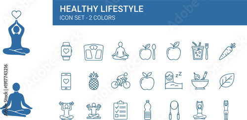 Healthy Lifestyle Line Icon Set with Yoga Meditation Fitness Nutrition Sleep and Wellness Symbols for Health Care Apps Websites and Infographics