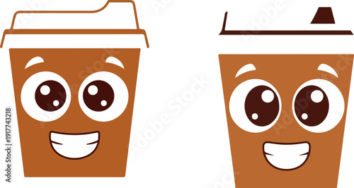Two cartoon coffee cups with happy faces and lids, one with a raised lid and the other with a flat lid, in a simple brown and white vector illustration.