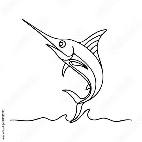 Dibujo sencillo con línea continua de un pez espada saltando 