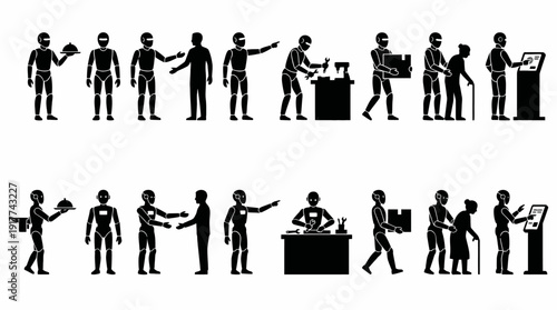 Robot Assistant Silhouette Set Showing Service and Support Poses
