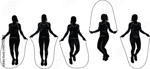 Jump Rope Fitness Woman Silhouette Set with Skipping Exercise Cardio Workout and Training Poses Vector Illustration for Gym and Healthy Lifestyle Design
