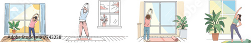 Morning Stretching Exercise at Home Near Window – Daily Wellness Routine Illustration for Healthy Lifestyle Content