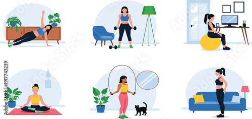 Home Workout and Fitness Routine Illustration Set with Women Exercise Yoga Meditation Jump Rope and Healthy Lifestyle Activities for Indoor Training Design
