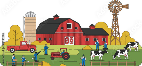 Modern Farm Landscape Illustration with Barn Tractor Farmers Cows and Agricultural Equipment Rural Farming Scene for Agriculture and Harvest Design