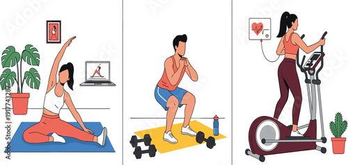 Modern Home Workout Fitness Illustration Set with Woman Stretching Squats and Treadmill Exercise Healthy Lifestyle Training Vector Collection