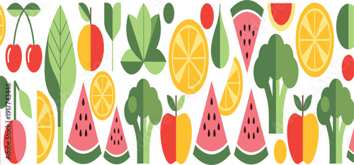 Seamless Healthy Fruits and Vegetables Pattern with Watermelon Orange Cherry Broccoli Pepper and Leafy Green Flat Vector Background Design