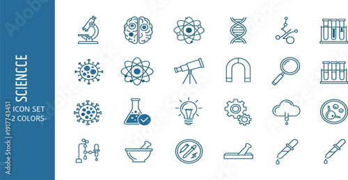 Science and Laboratory Line Icon Set with Microscope DNA Atom Chemistry Research Symbols for Education Medical Technology and Innovation Design