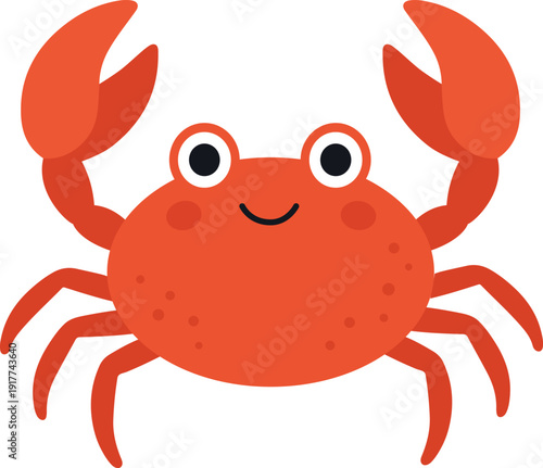 A vibrant and happy red cartoon crab character with large eyes and raised claws, posing cheerfully underwater. Vector illustration on white background.