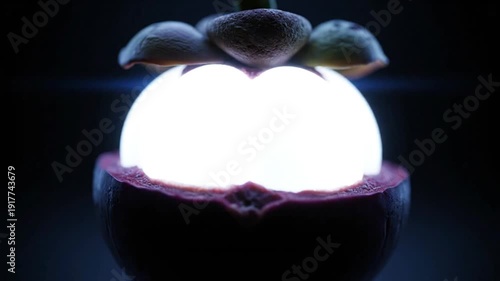 Glowing white mangosteen fruit with dark purple rind and stem
