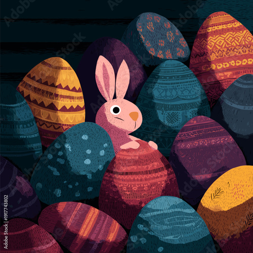 Bunny peeking from behind colorful Easter eggs greeting card. Bunny character hiding among patterned Easter eggs and dark foliage, celebrating the spring holiday