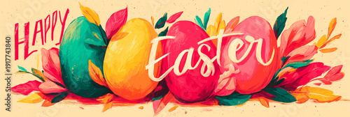 Happy Easter greeting with bunny and vibrant spring flowers. Happy Easter greeting design featuring a cute bunny, blooming tulips, and spring daffodils