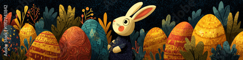 Easter bunny with folk art patterned eggs in nature. Easter poster. Happy rabbit and decorated Easter eggs among stylized plants, celebrating spring