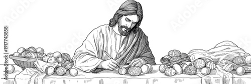 Jesus painting colorful Easter eggs for Easter holiday. Easter wallpaper. Jesus Christ decorating vibrant Easter eggs on a table with brushes and paint