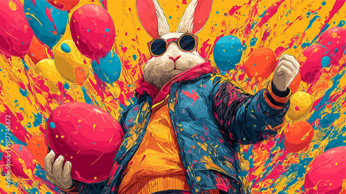 Cool Easter bunny wearing sunglasses holding decorated egg. Easter poster. Anthropomorphic bunny wearing colorful jacket, surrounded by paint splatters and festive eggs