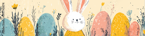 Happy Easter bunny finding colorful eggs in spring field banner. Cute bunny standing among pastel colored Easter eggs and stylized spring plants