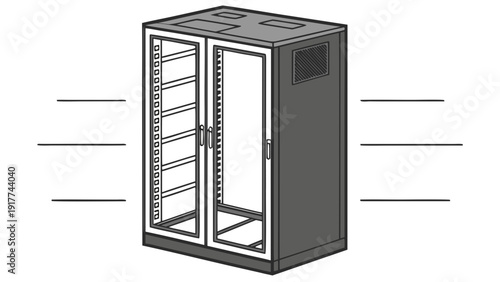 A large server cabinet with open doors and multiple shelves, viewed from the front in a data center environment