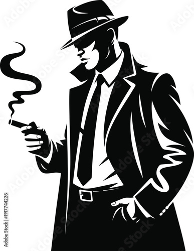 Noir Detective Smoking Cigar in Hat and Trench Coat