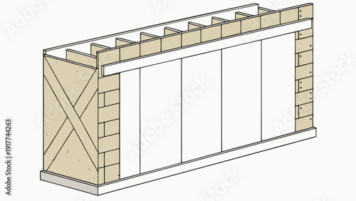Detailed architectural illustration of a modern building section with brick walls and wooden accents from an isometric viewpoint
