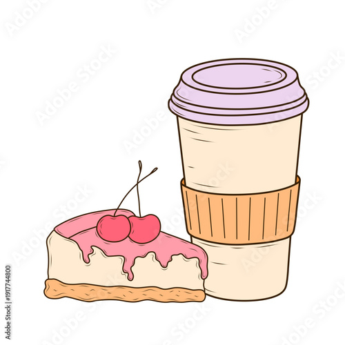 Paper coffee cup with lid and a slice of cheesecake topped with pink glaze and cherries, illustrated in hand drawn vector line style. Dessert and drink set for cafe menu, packaging, branding.
