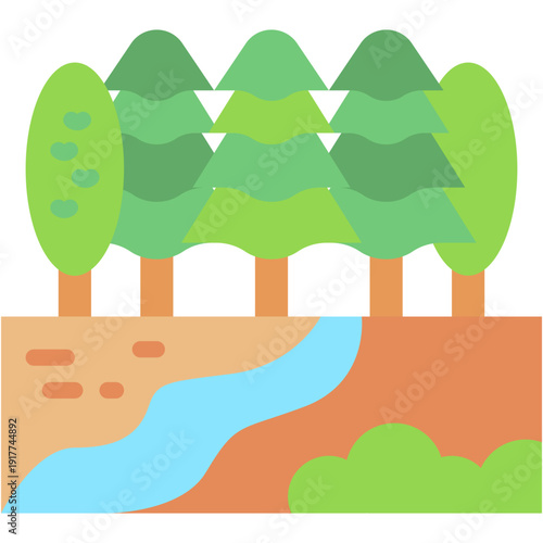 Pine Forest Path near Lake Vector Icon