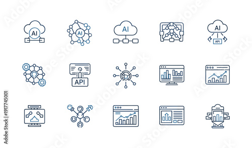 Artificial Intelligence and API Icons Set with Cloud Computing Networks and Data Analysis