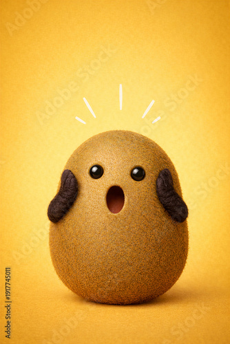Surprised Fuzzy Character kiwi On Yellow Background