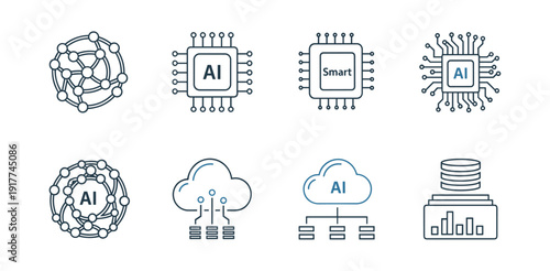 Artificial Intelligence and Technology Icons with AI Chips and Networks vector illustration