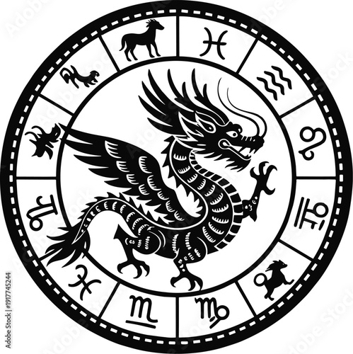 Black and White Chinese Dragon Zodiac Wheel with Astrological Symbols astrology horoscope