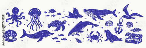 Hand drawn marine animals vector set in vintage nautical style. Blue ocean wildlife collection with dolphin, whale, octopus, sea turtle, jellyfish, crab, seal, anchor and shells.