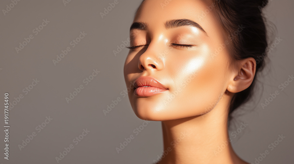 Fototapeta premium Glowing skin portrait woman serene expression soft glow luminous complexion closed eyes relaxed mood