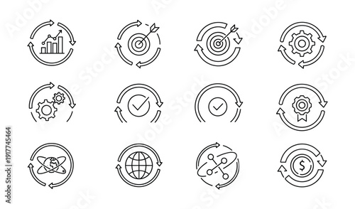 Business and Strategy Icons Set Featuring Goals Growth Processes and Quality Assurance