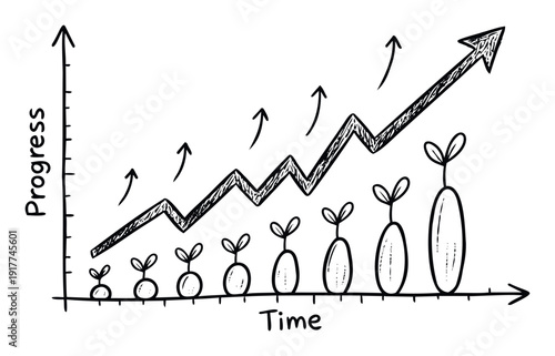 Hand drawn progress chart with an increasing line and growing plants symbolizing business development, personal improvement, and continuous growth, useful for presentations and educational