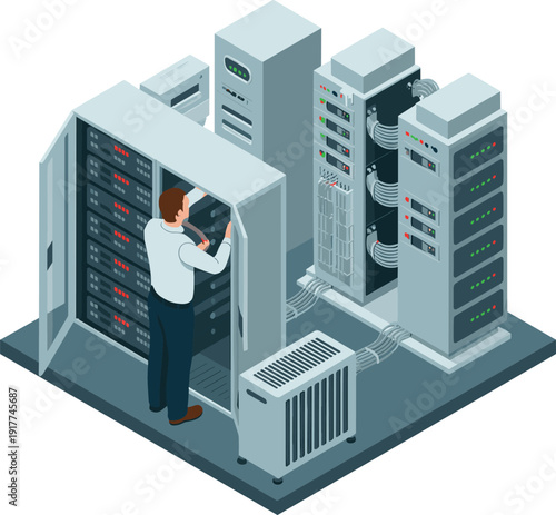Isometric data center technician servicing server racks network cabinets and cooling system infrastructure illustration concept,