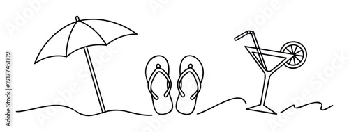 A continuous single line drawing capturing a beach umbrella, flip flops, and a refreshing tropical cocktail on sand, perfect for vacation promotions and summer holiday advertising materials.