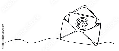 Continuous line drawing of an open envelope containing an email symbol, perfect for digital communication concepts, online messaging, contact information, and internet service illustrations