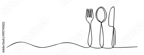 Continuous line drawing of dining cutlery including a fork, spoon, and knife, ideal for restaurant menus, food industry branding, or culinary event promotions